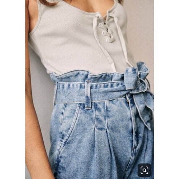 💕SEZANE💕 Austin Belted Paperbag Denim Trousers ~ Bleached Blue FR 36 NWOT - Picture 10 of 16